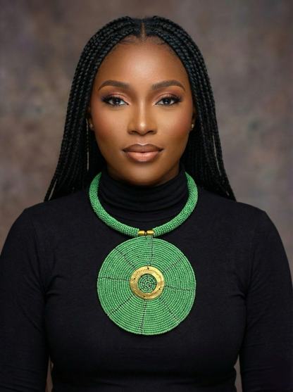 Authentic African Green Beaded Necklace – Large Handmade Disc Pendant Jewellery - Fatisha Boutique #