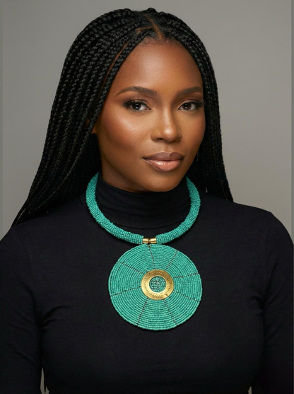 Authentic African Turquoise Beaded Large Disc Pendant Necklace – Handmade Maasai-Inspired Statement Jewellery - Fatisha Boutique #