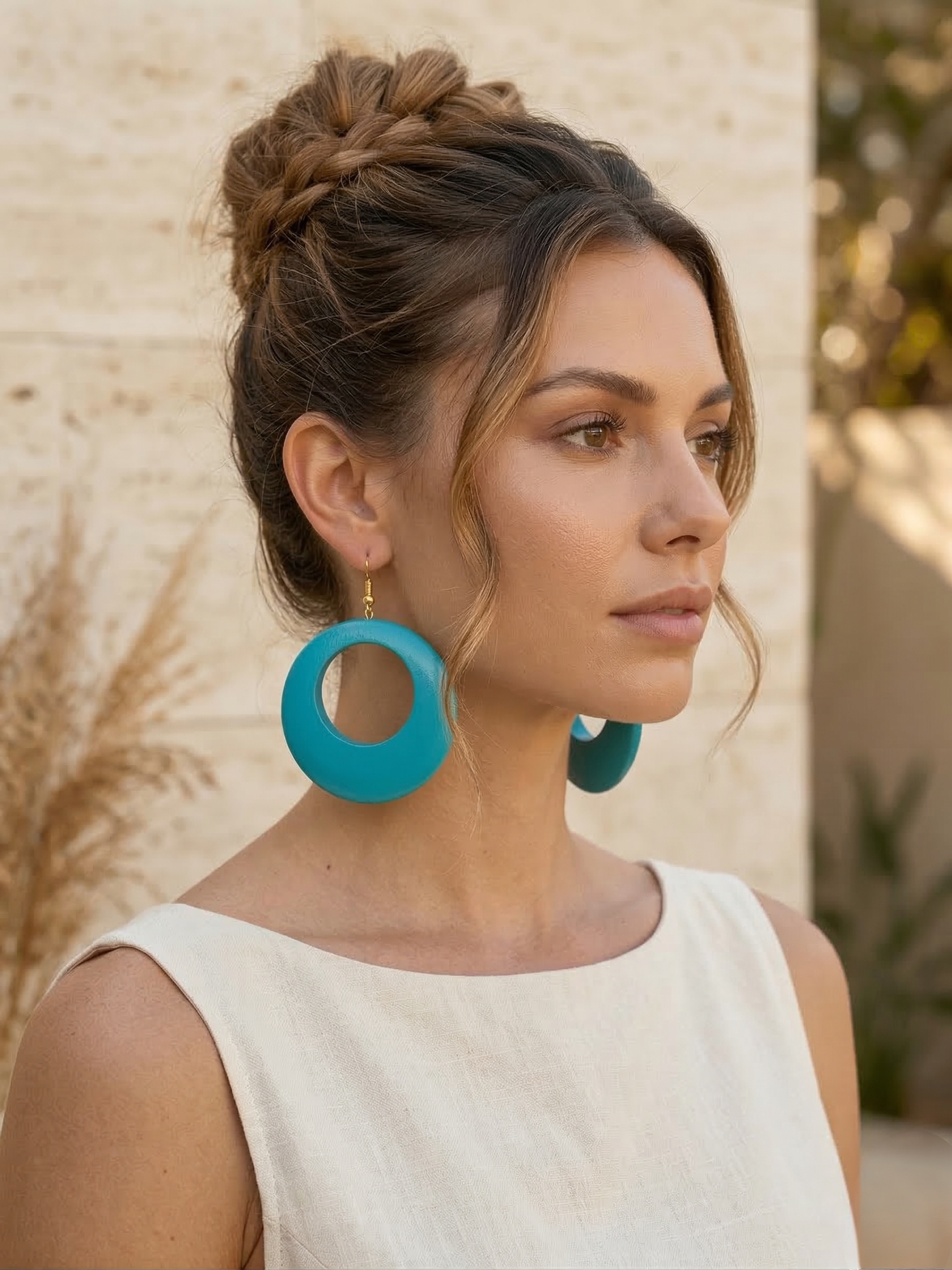 Blue Wooden Statement Hoop Earrings – Lightweight Round Boho Drop Earrings - Fatisha Boutique #