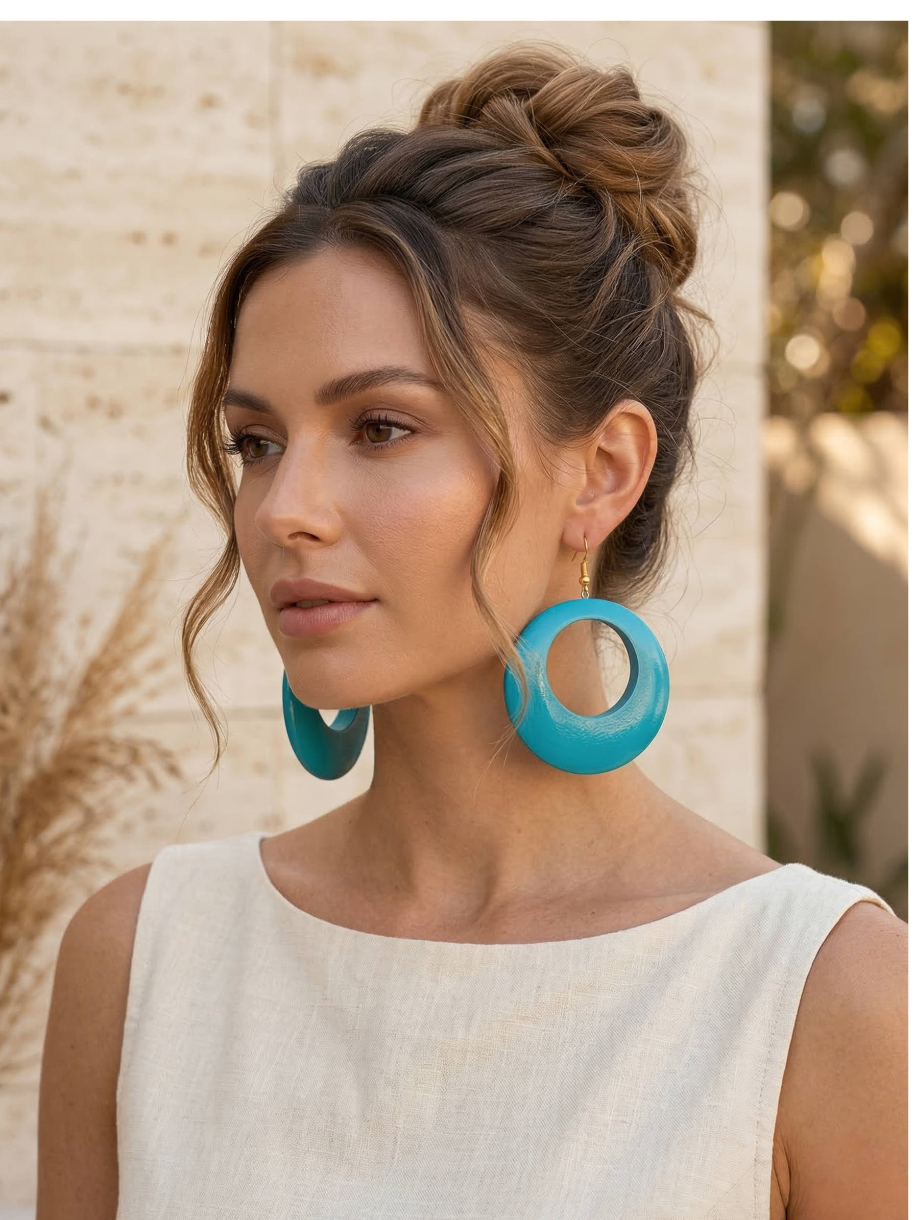 Blue Wooden Statement Hoop Earrings – Lightweight Round Boho Drop Earrings - Fatisha Boutique #