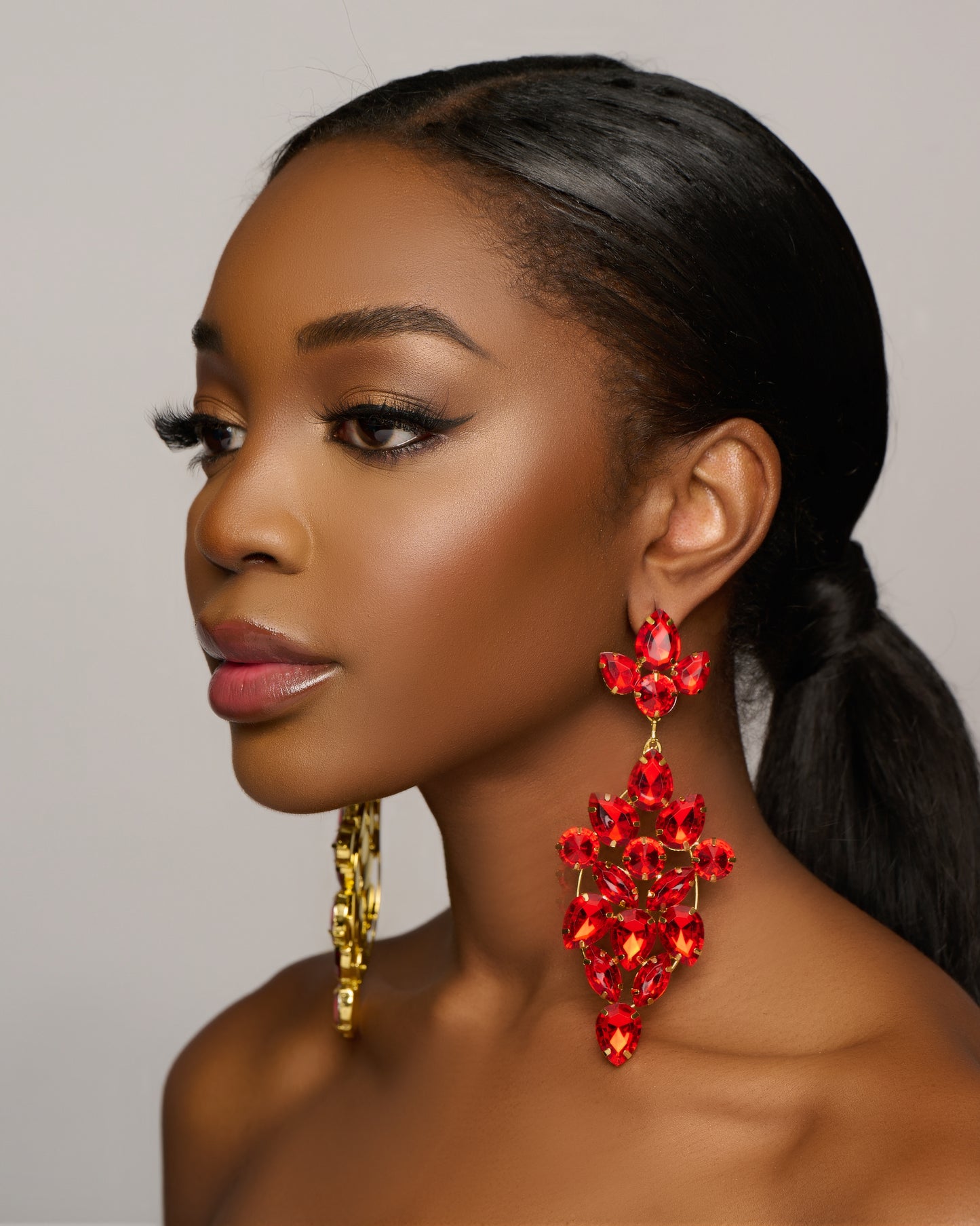 Long Elegant Glamorous Red Rhinestone Stud Earrings