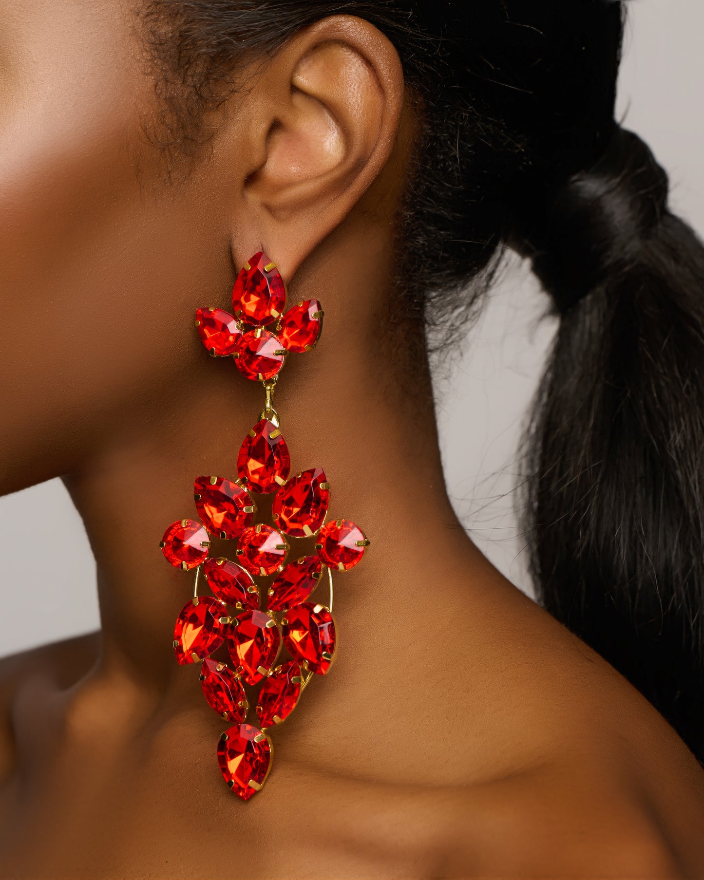 Long Elegant Glamorous Red Rhinestone Stud Earrings