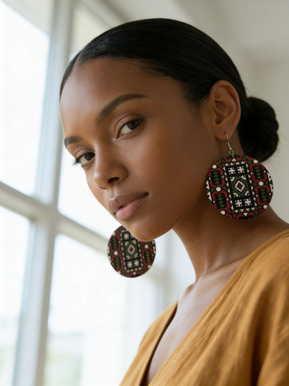 Red & Green African Print Wooden Statement Earrings – Double-Sided Lightweight Tribal Dangle Earrings - Fatisha Boutique #