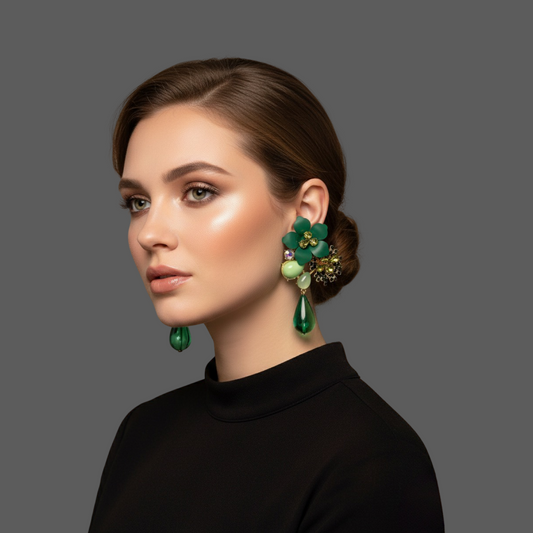 Green Floral Statement Crystal Drop Earrings – Bold Elegant Occasion Jewellery - Fatisha Boutique #