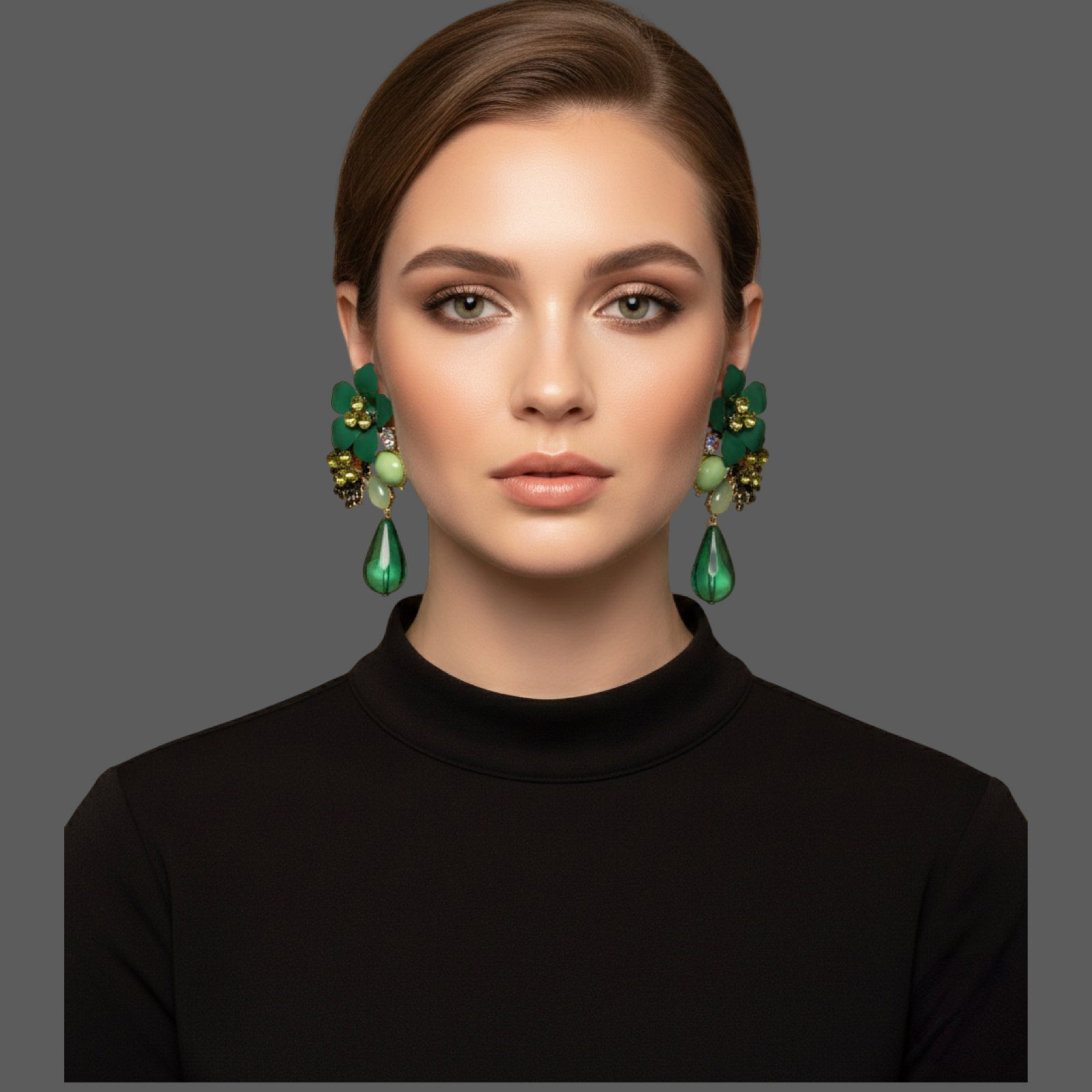 Green Floral Statement Crystal Drop Earrings – Bold Elegant Occasion Jewellery - Fatisha Boutique #