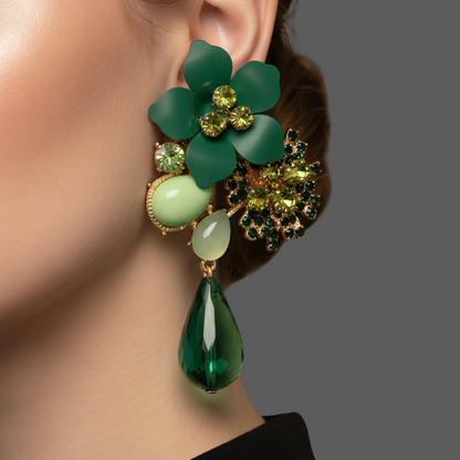 Green Floral Statement Crystal Drop Earrings – Bold Elegant Occasion Jewellery - Fatisha Boutique #