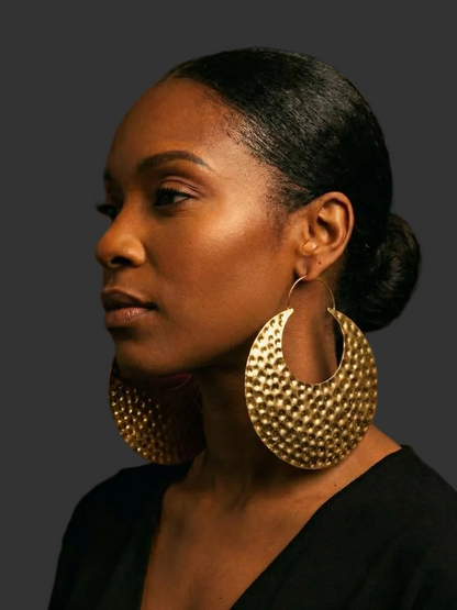 Oversized African Brass Earrings – Bold Hammered Gold Statement Jewellery - Fatisha Boutique #