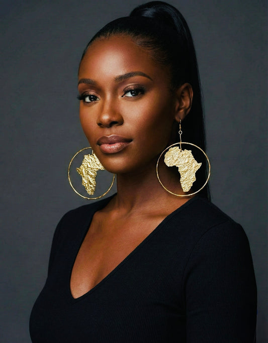 Handcrafted Africa Map Hoop Earrings – Textured Brass Afrocentric Dangle Jewellery