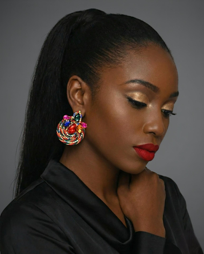 Crystal Rhinestone Thread-Woven Round Stud Earrings – Colourful Statement Jewellery - Fatisha Boutique #