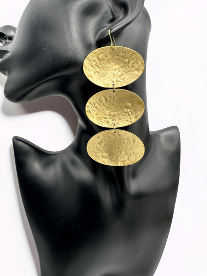 African Handcrafted Brass Statement Earrings – Hammered Gold Tribal Drop Earrings, Bold Long Jewellery for Women - Fatisha Boutique #