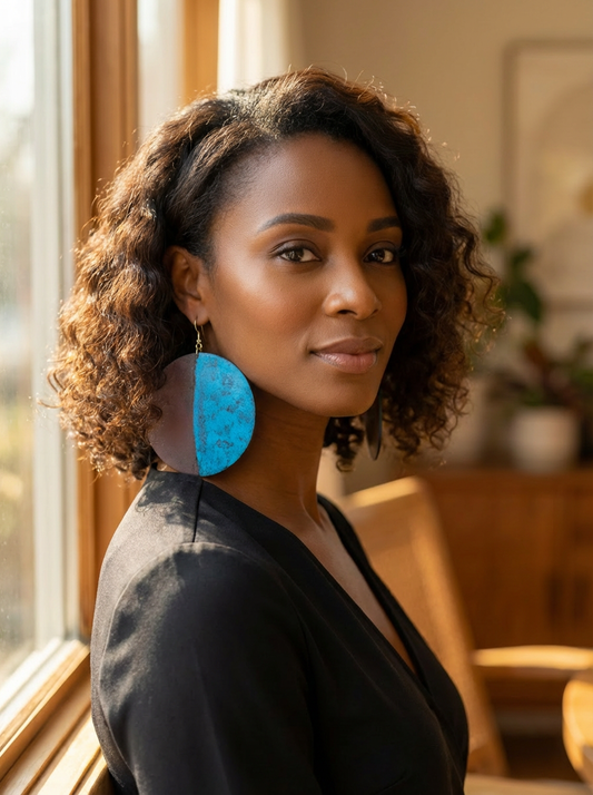 African Handcrafted Blue & Burgundy Round Dangle Earrings – Bold Artisan Statement Jewellery