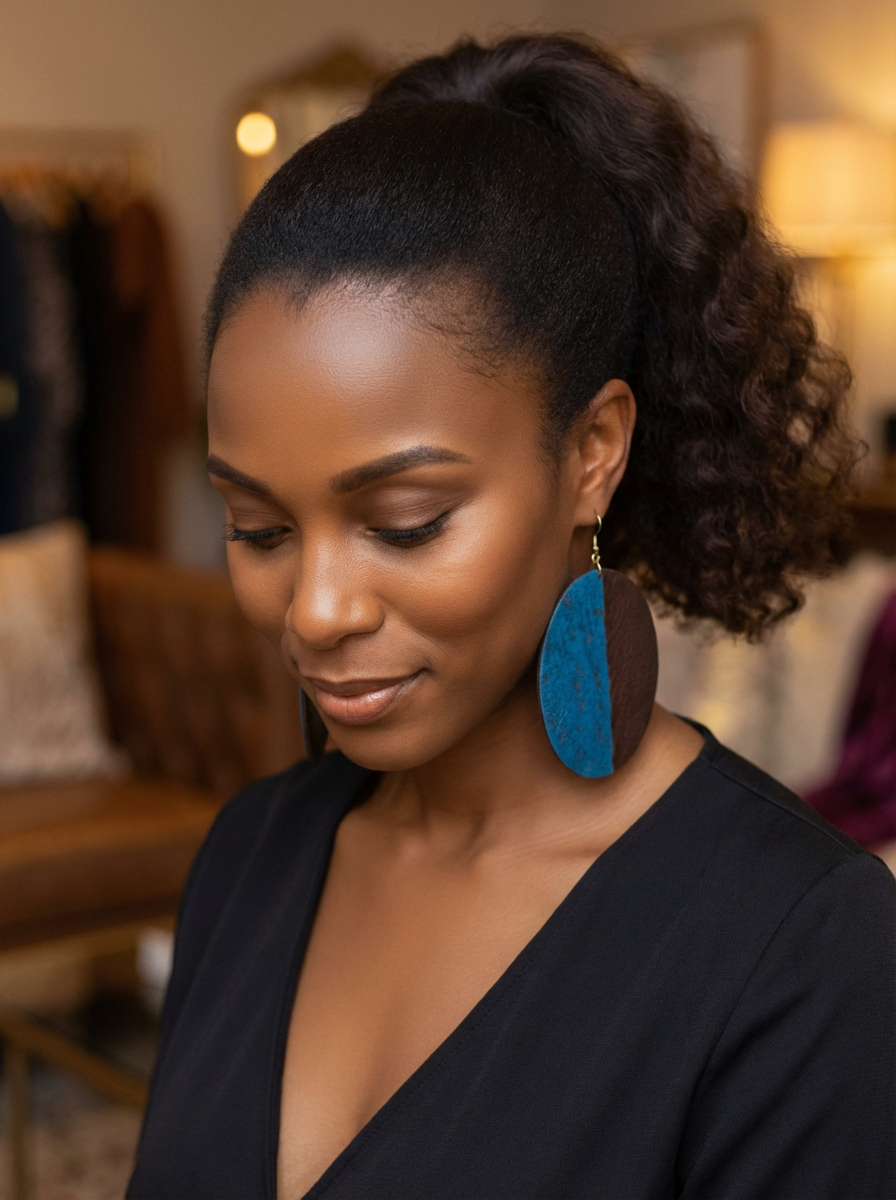 African Handcrafted Blue & Burgundy Round Dangle Earrings – Bold Artisan Statement Jewellery - Fatisha Boutique #