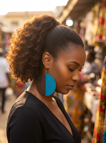 African Handcrafted Blue & Burgundy Round Dangle Earrings – Bold Artisan Statement Jewellery - Fatisha Boutique #
