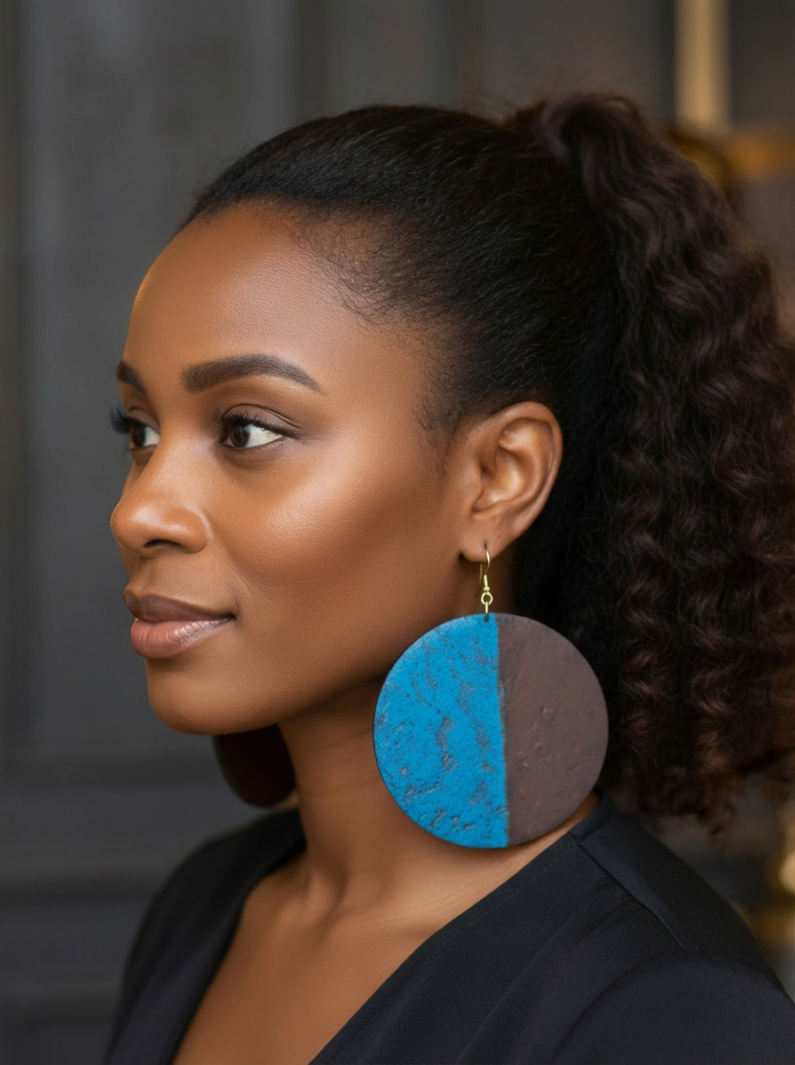African Handcrafted Blue & Burgundy Round Dangle Earrings – Bold Artisan Statement Jewellery - Fatisha Boutique #