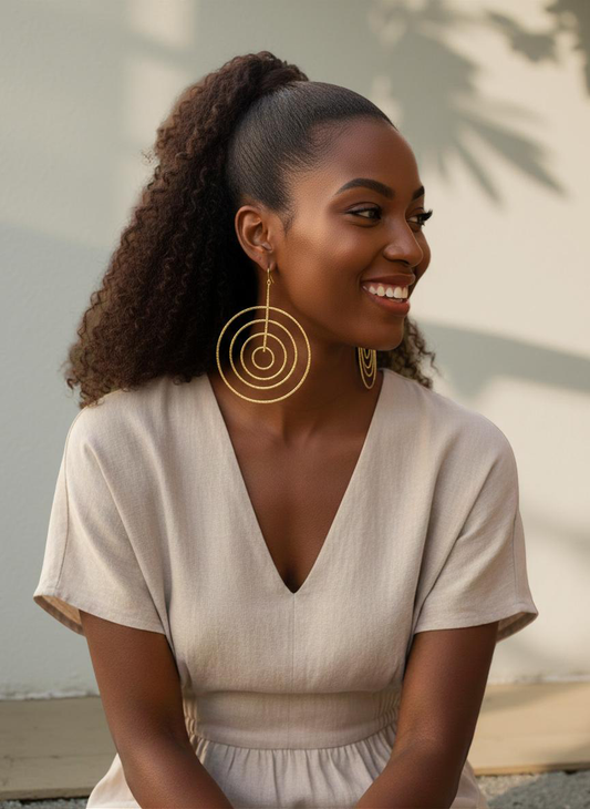African Brass Spiral Statement Earrings – Handmade Geometric Dangle Jewellery