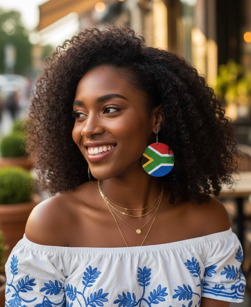 Double-Sided South African Flag Wooden Earrings – Lightweight Afrocentric Statement Jewellery - Fatisha Boutique #
