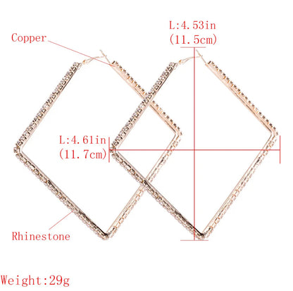 Oversized Big Square Rhinestone Statement Hoop Earrings
