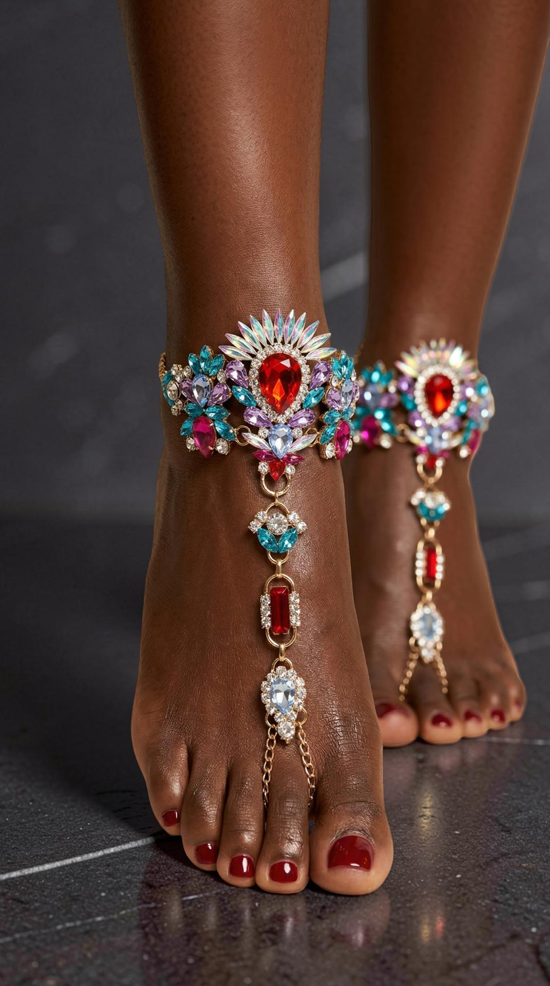 Multicolour Crystal Barefoot Sandal (Single) – Statement Gemstone Toe Anklet for Festival, Beach & Summer Style - Fatisha Boutique #
