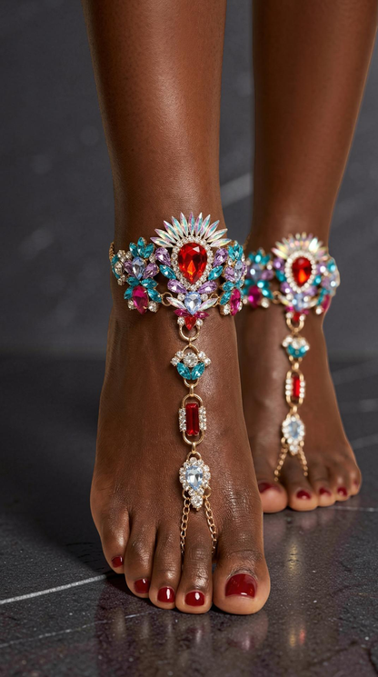 Multicolour Crystal Barefoot Sandal (Single) – Statement Gemstone Toe Anklet for Festival, Beach & Summer Style - Fatisha Boutique #
