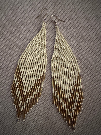 Boho Ivory and Gold Beaded Fringe Earrings – Handmade Statement Dangles - Fatisha Boutique #
