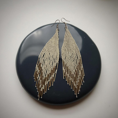 Boho Ivory and Gold Beaded Fringe Earrings – Handmade Statement Dangles - Fatisha Boutique #