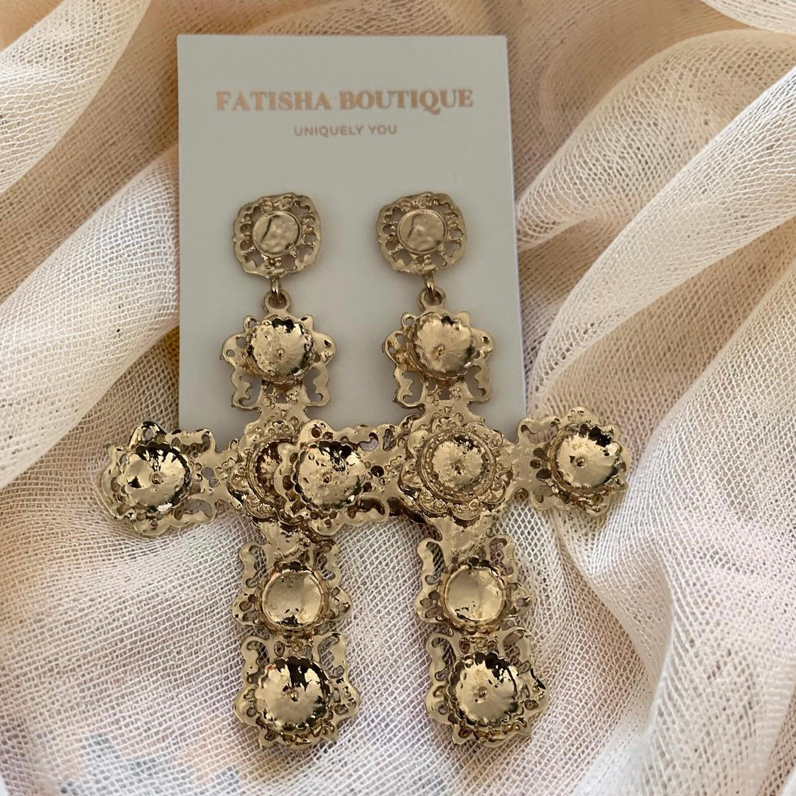 Luxury Baroque Cross Earrings – Oversized Gold Statement Designer Jewellery - Fatisha Boutique #