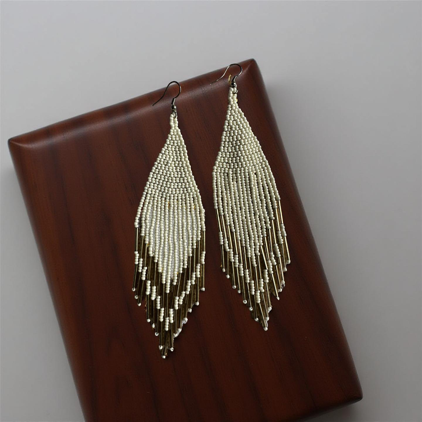Boho Ivory and Gold Beaded Fringe Earrings – Handmade Statement Dangles - Fatisha Boutique #