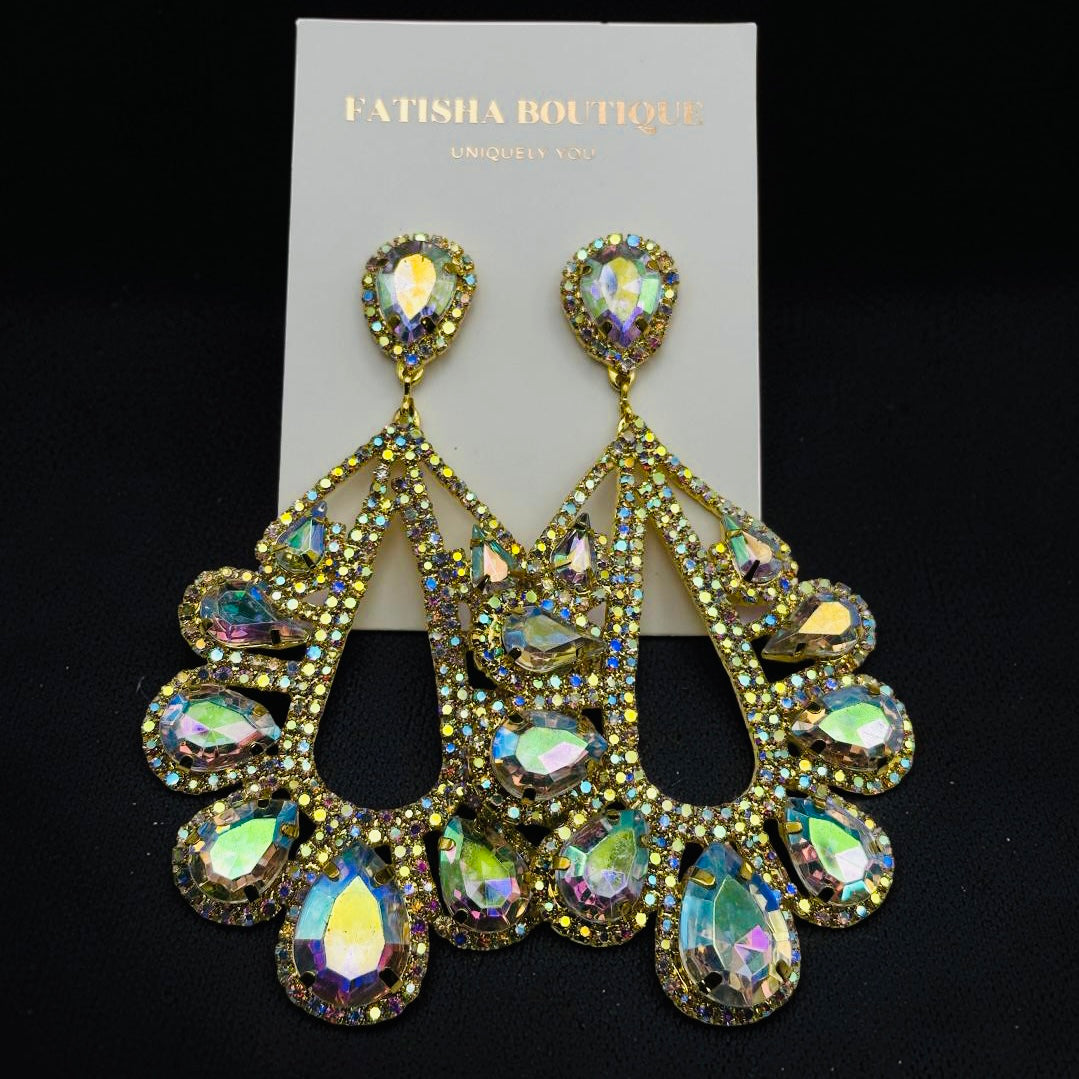 AB Crystal Teardrop Statement Earrings – Gold & Silver Rhinestone Glam Earrings for Wedding Guest, Prom & Gift for Her - Fatisha Boutique #