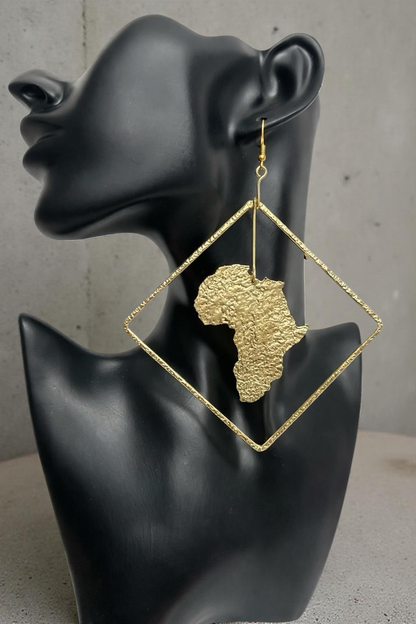 Africa Map Brass Earrings with Diamond Frame – Afrocentric Statement Jewellery - Fatisha Boutique #