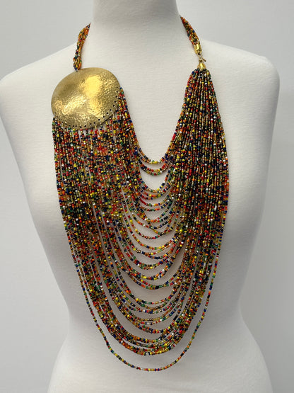 Authentic Multicolour African Beaded Brass Disc Pendant Necklace Jewellery
