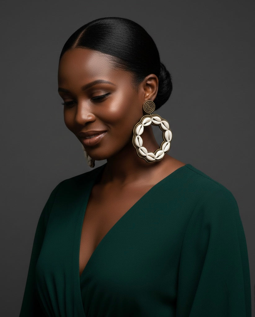 Handmade Cowrie Shell Hoop Earrings – Oversized African Tribal Statement Jewellery - Fatisha Boutique #