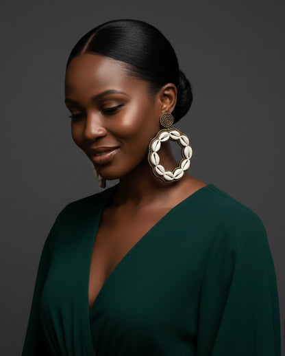 Handmade Cowrie Shell Hoop Earrings – Oversized African Tribal Statement Jewellery - Fatisha Boutique #