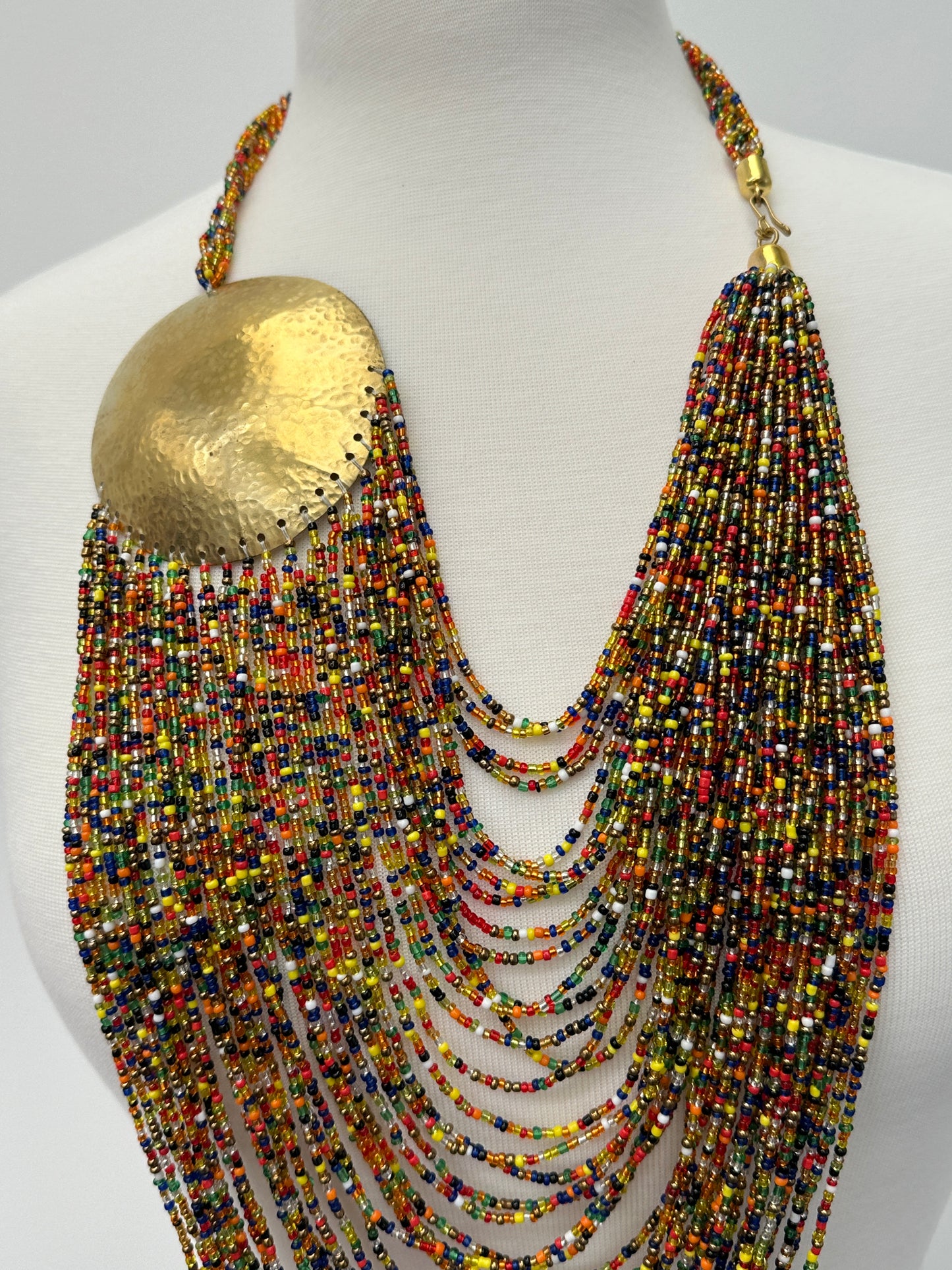 Authentic Multicolour African Beaded Brass Disc Pendant Necklace Jewellery