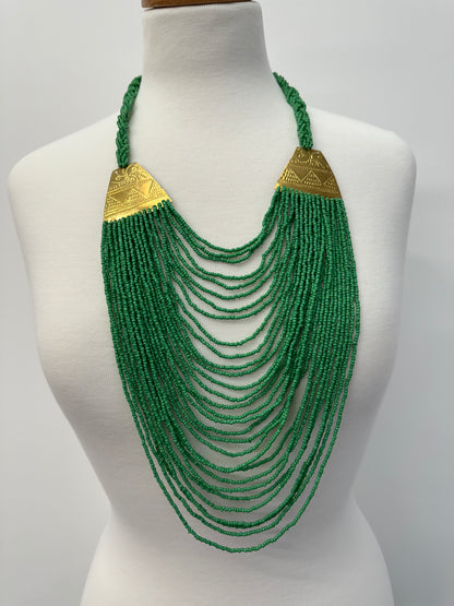 Authentic Long Green Beaded Brass Pendant Ethnic Necklace