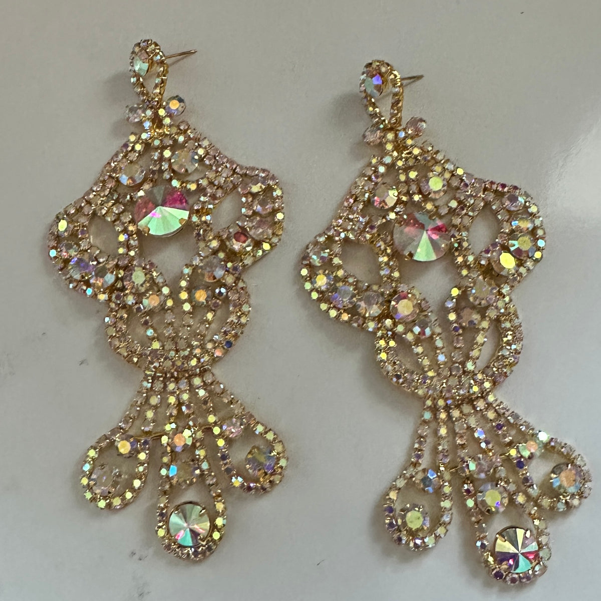 Long AB Gold Rhinestone Chandelier Statement Earrings - Fatisha Boutique Fatisha Boutique
