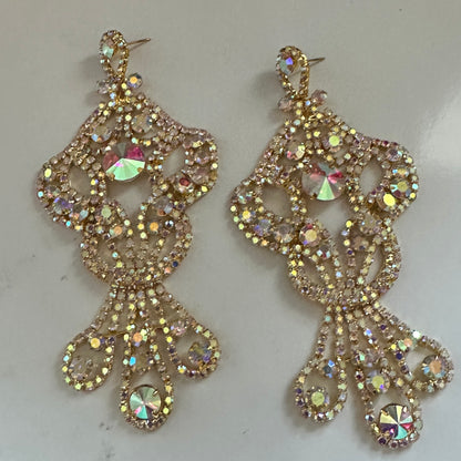 Long AB Gold Rhinestone Chandelier Statement Earrings - Fatisha Boutique