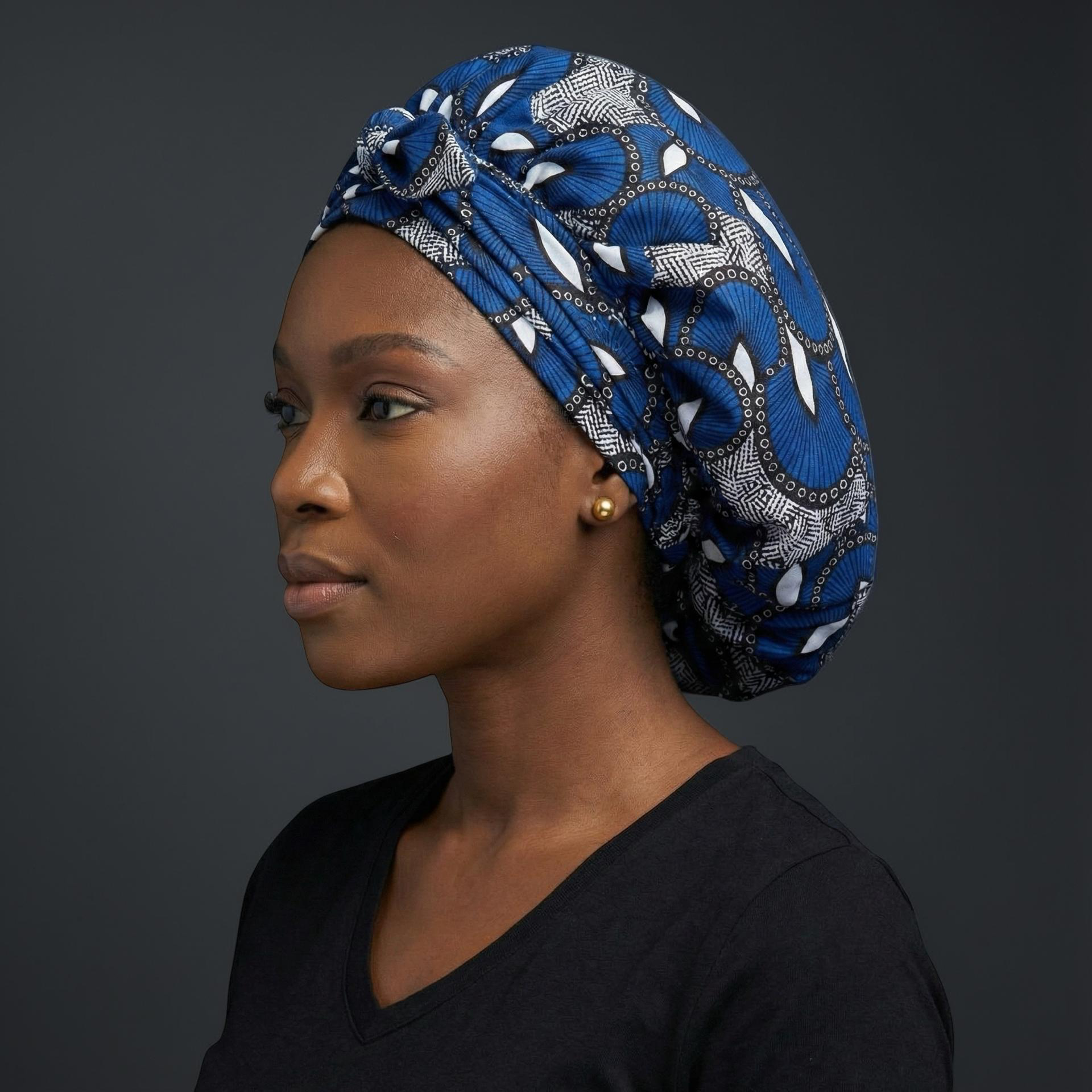 Blue Ankara Satin-Lined Bonnet with Long Ties – Multi-Wear Sleep Cap, Turban & Headwrap - Fatisha Boutique #