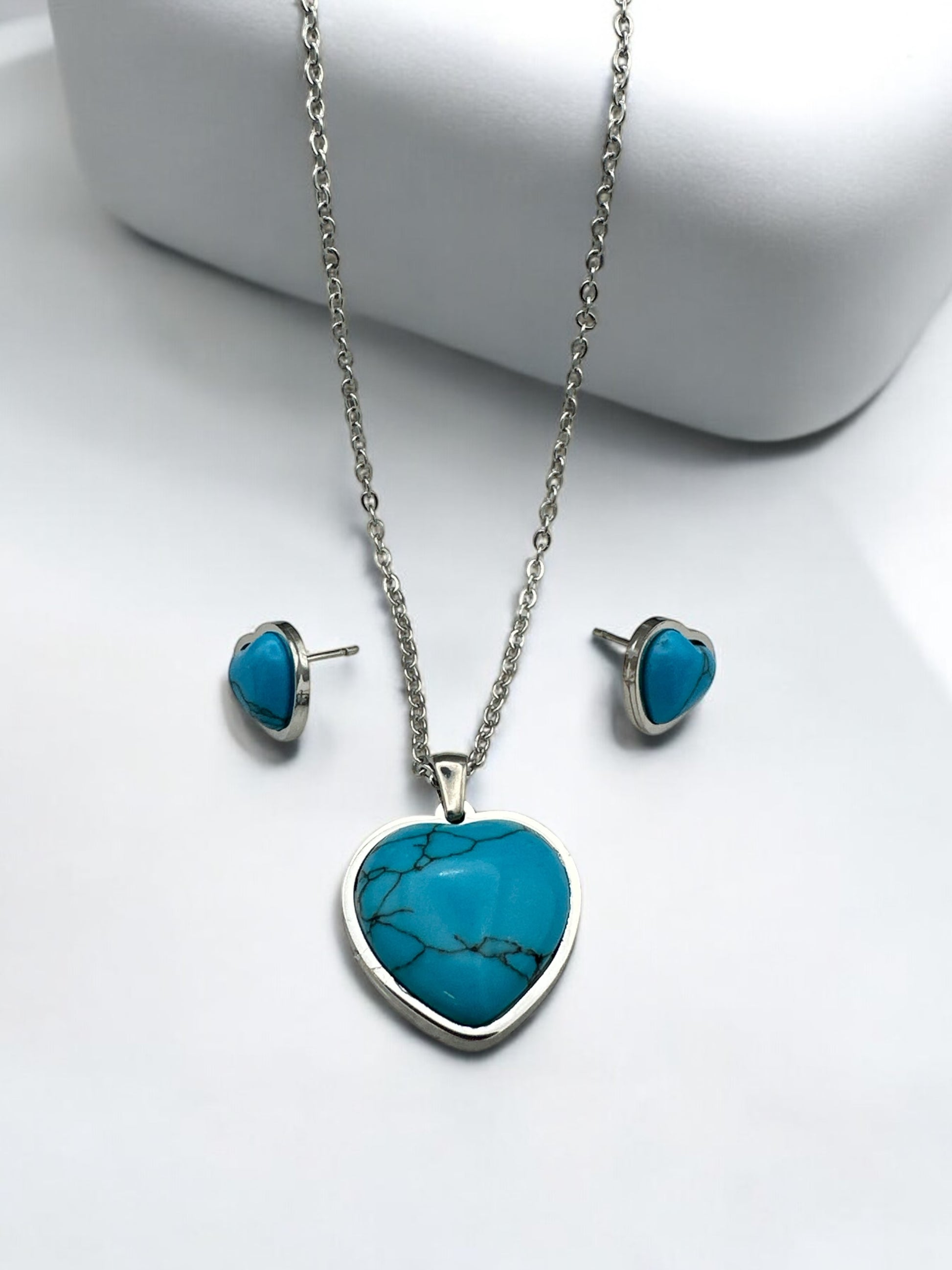 Turquoise Heart Jewellery Set – Gold & Silver Stainless Steel Necklace & Earrings - Fatisha Boutique #