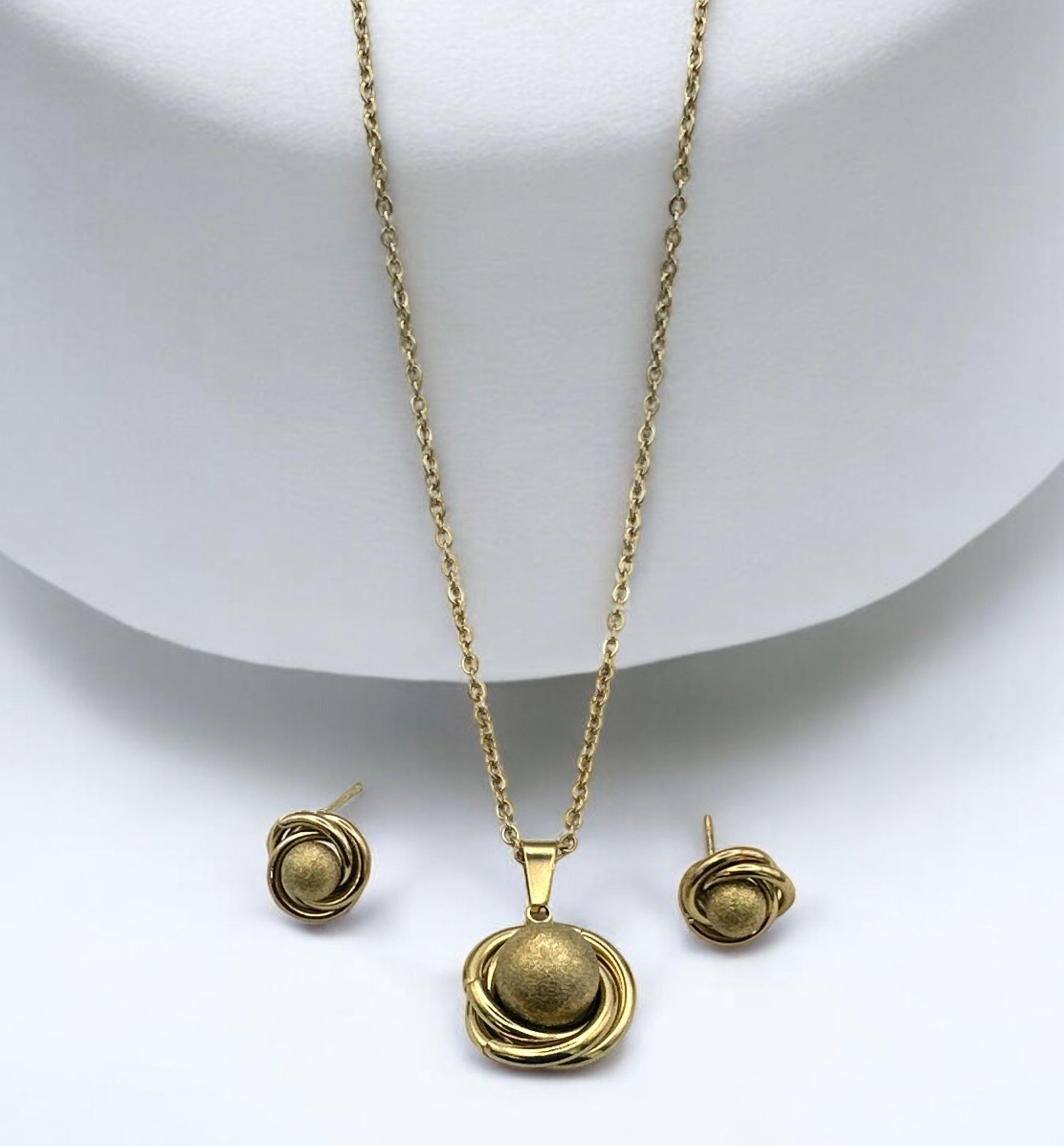 Stainless Steel Textured Sphere Necklace & Earrings Set – Elegant Gold & Silver Jewellery Gift for Women - Fatisha Boutique #