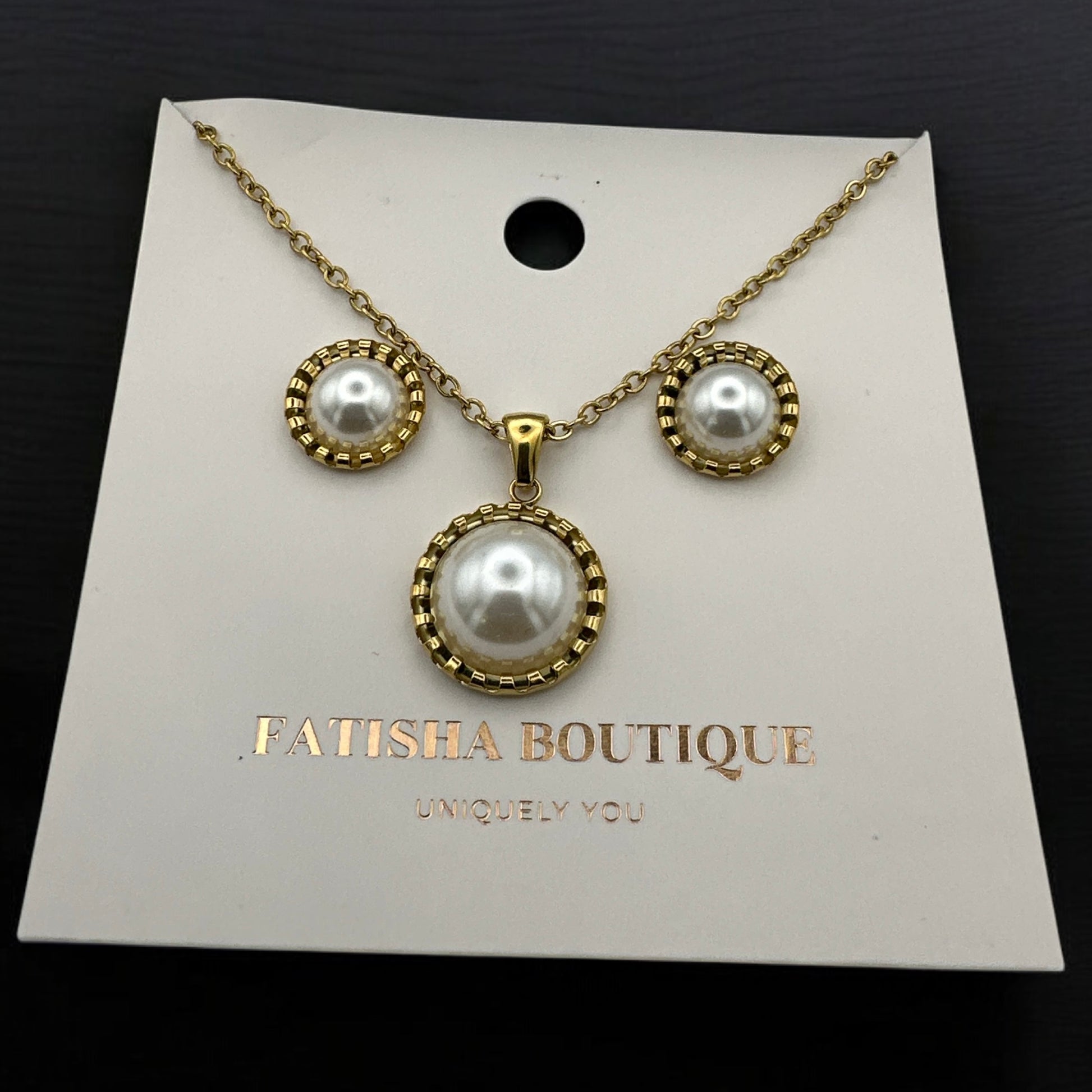 Elegant Pearl-Inspired Jewellery Set – Stainless Steel Necklace & Stud Earrings in Gold & Silver - Fatisha Boutique #
