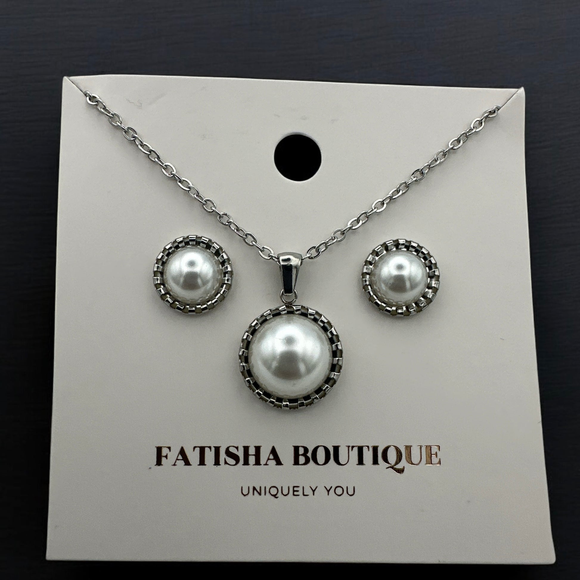 Elegant Pearl-Inspired Jewellery Set – Stainless Steel Necklace & Stud Earrings in Gold & Silver - Fatisha Boutique #