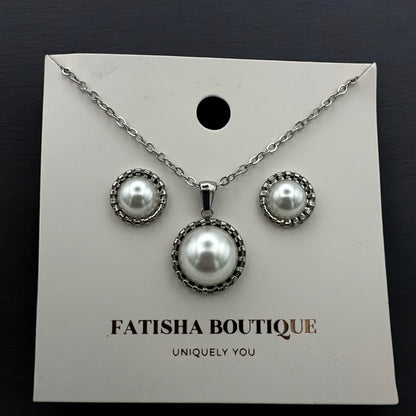 Elegant Pearl-Inspired Jewellery Set – Stainless Steel Necklace & Stud Earrings in Gold & Silver - Fatisha Boutique #