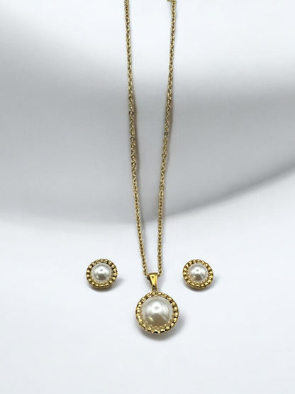 Elegant Pearl-Inspired Jewellery Set – Stainless Steel Necklace & Stud Earrings in Gold & Silver - Fatisha Boutique #