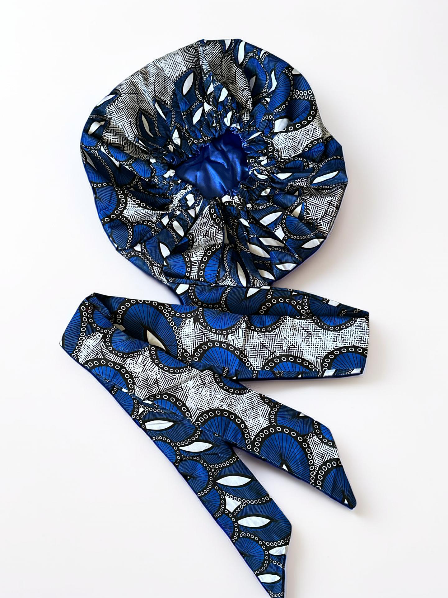 Blue Ankara Satin-Lined Bonnet with Long Ties – Multi-Wear Sleep Cap, Turban & Headwrap - Fatisha Boutique #