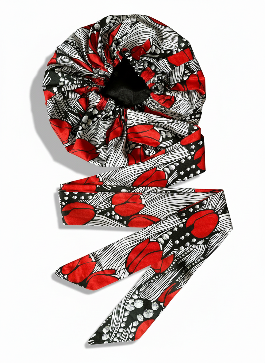 Red & Black Ankara Satin-Lined Bonnet with Long Ties – Multi-Wear Sleep Cap, Turban & Headwrap - Fatisha Boutique #