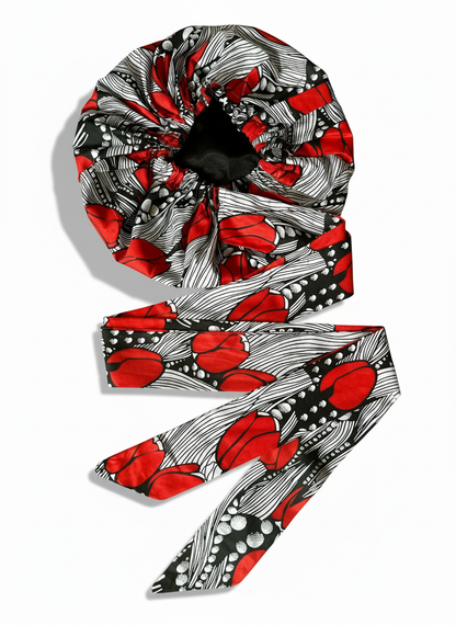 Red & Black Ankara Satin-Lined Bonnet with Long Ties – Multi-Wear Sleep Cap, Turban & Headwrap - Fatisha Boutique #