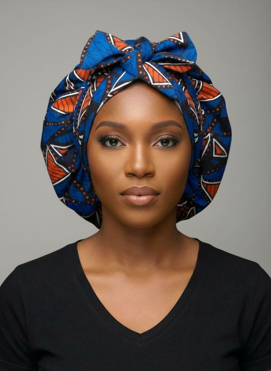Blue & Orange Ankara Satin-Lined Bonnet with Long Ties – Multi-Wear Sleep Cap, Turban & Headwrap - Fatisha Boutique #