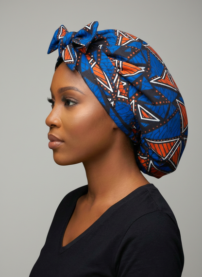 Blue & Orange Ankara Satin-Lined Bonnet with Long Ties – Multi-Wear Sleep Cap, Turban & Headwrap - Fatisha Boutique #