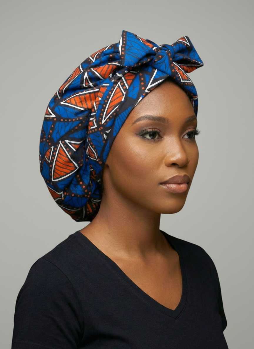 Blue & Orange Ankara Satin-Lined Bonnet with Long Ties – Multi-Wear Sleep Cap, Turban & Headwrap - Fatisha Boutique #