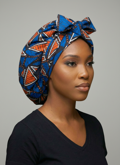 Blue & Orange Ankara Satin-Lined Bonnet with Long Ties – Multi-Wear Sleep Cap, Turban & Headwrap - Fatisha Boutique #
